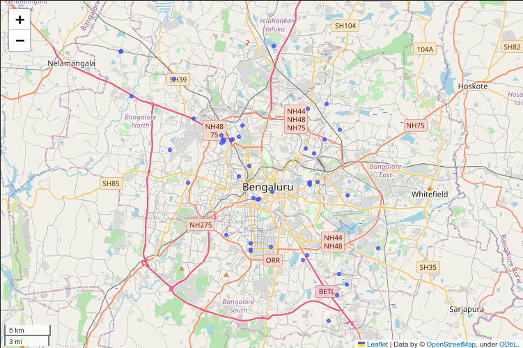 Map of Bangalore containing points of the warehouse locations