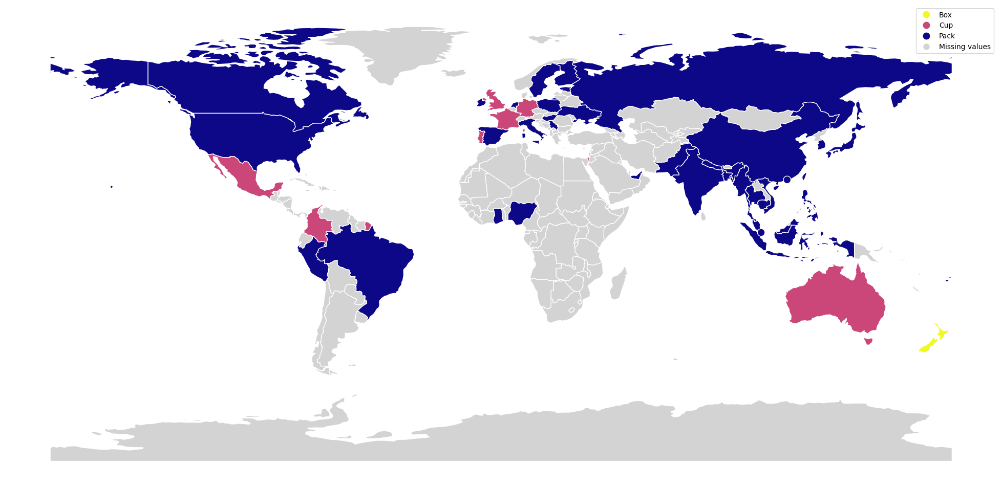 Colour-coded world map of the most popular style by country. Most of the countries with data prefer pack noodles over cup and box noodles